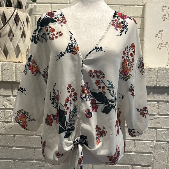 Source Unknown Tops - Source Unknown White Floral Tie-Front Blouse with Green and Pink Accents